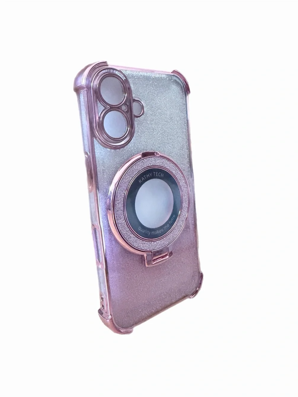 Pink Glitter Phone Case with Ring Holder is for IPhone 16